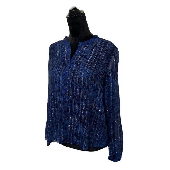 Rebecca Taylor Sheer Navy Blue & Silver Metallic Long Sleeve Top Size 6 - Picture 8 of 12